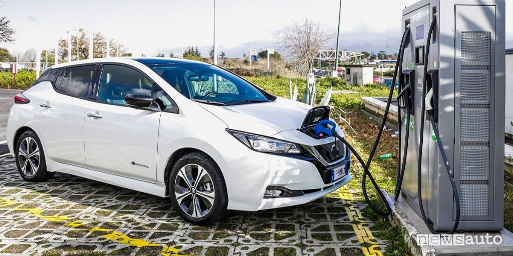 L'auto elettrica 100%, la Nissan Leaf in ricarica alla colonnina Fast EVA+esenzione bollo auto 2019 veicoli elettrici
