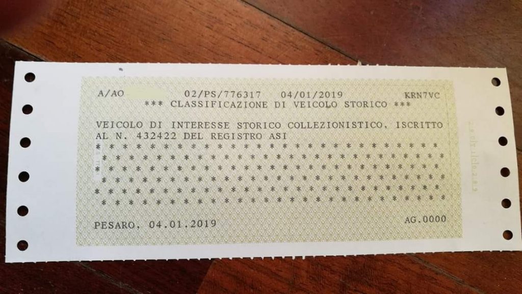 "Classificazione di Veicolo Storico", Veicolo di interesse storico collezionistico, iscritto al n° XXXX del registro ASI.