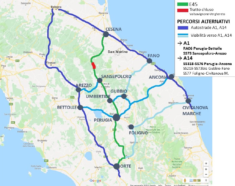E45 chiusa, mappa percorsi alternativi