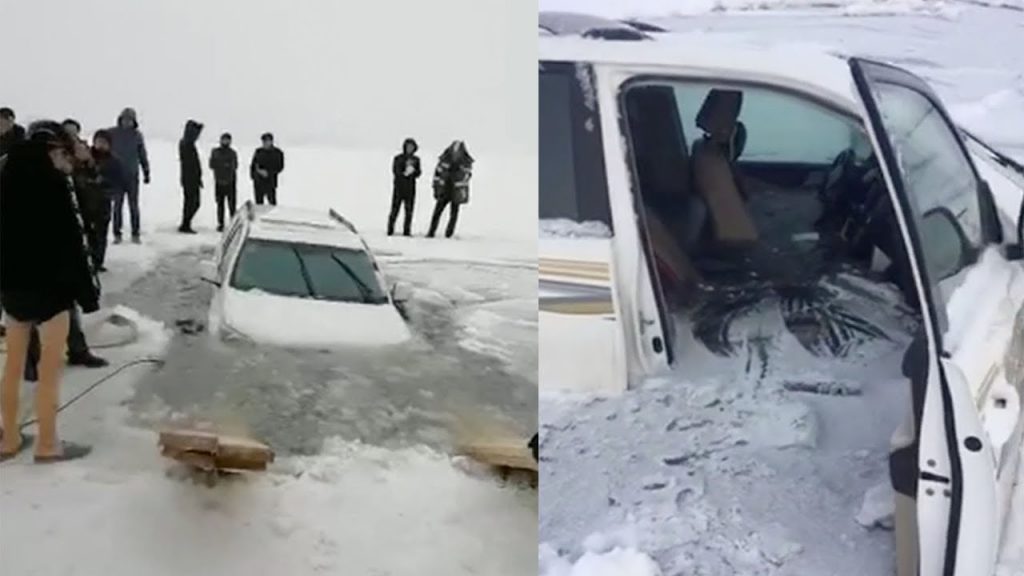Auto sprofonda nel-ghiaccio-sul lago abitacolo allagato