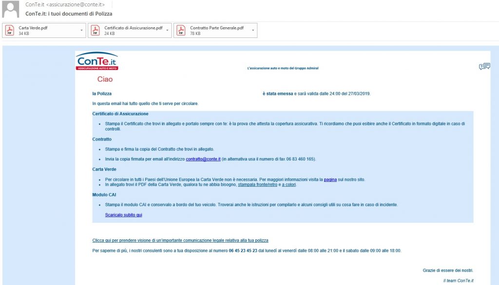 Documenti assicurazione auto  sono trasmessi con posta elettronica (conte)
