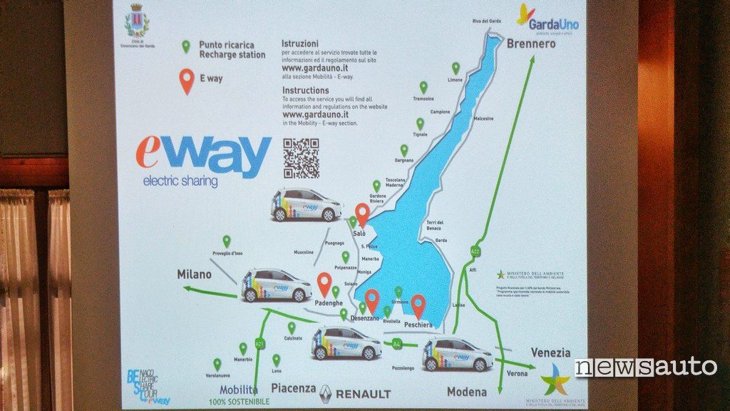 Mappa colonnine lago di Garda e stazioni E-Way car sharing elettrico in Lombardia con Renault Zoe