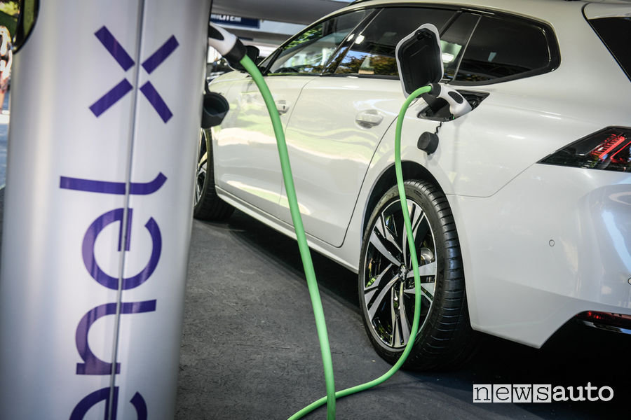 Peugeot 508 SW HYbrid al Parco Valentino 2019 ricarica colonnina Enel X