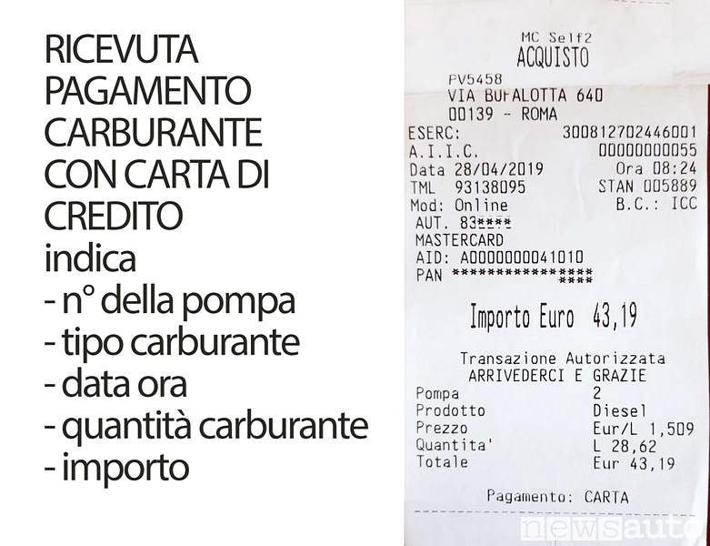 Ricevuta pagamento carburante automatico sel service con carta di credito 