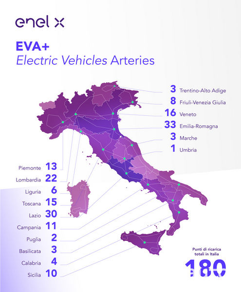 Mappa colonnine ricarica veloce per auto elettrica, EVA+ in Italia