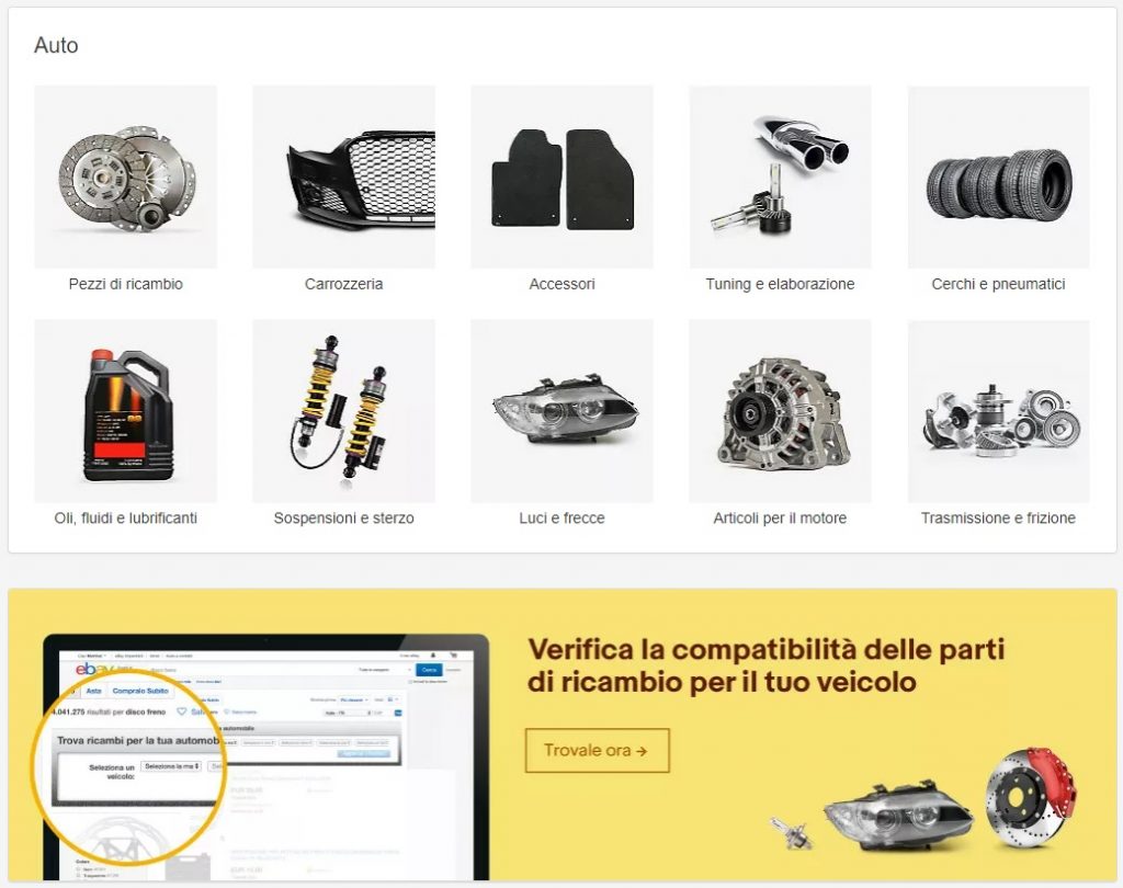 Sezione ricambi auto sull'home page di eBay