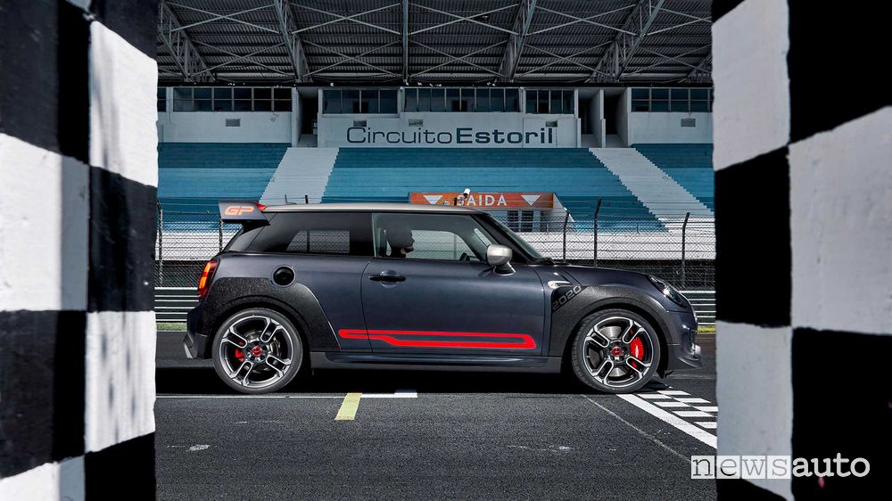 Vista laterale Mini John Cooper Works GP sul circuito di Estoril