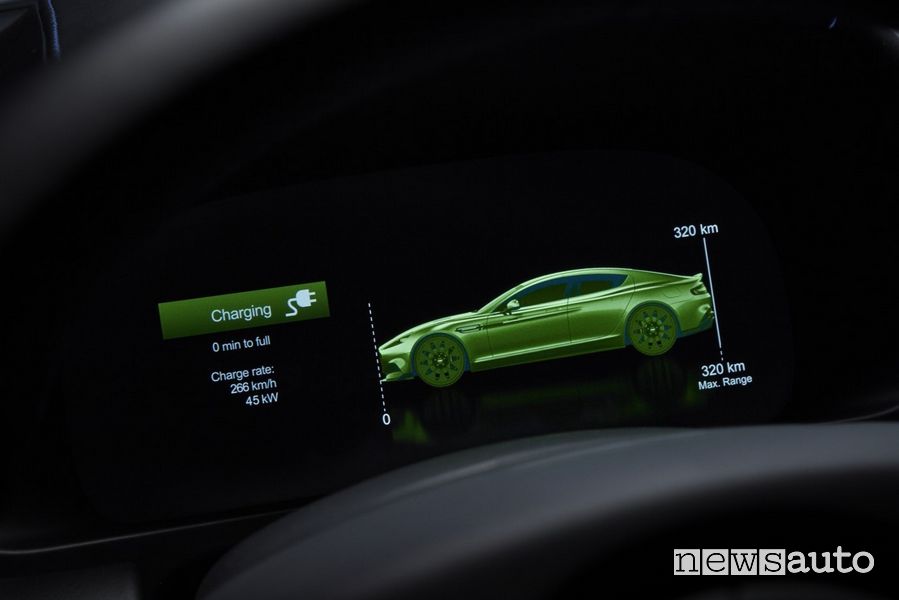 Schermata autonomia quadro strumenti Aston Martin Rapid E auto elettrica