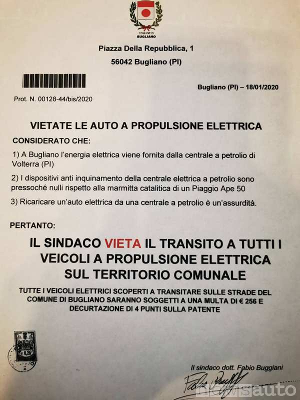 Ordinanza del Comune di Bugliano sul divieto di circolazione alle auto elettriche