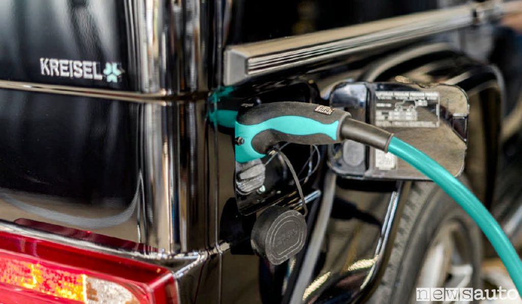 La presa di ricarica Type2 del Mercedes Classe G con il motore elettrico (Copyright von Kreisel Electric)