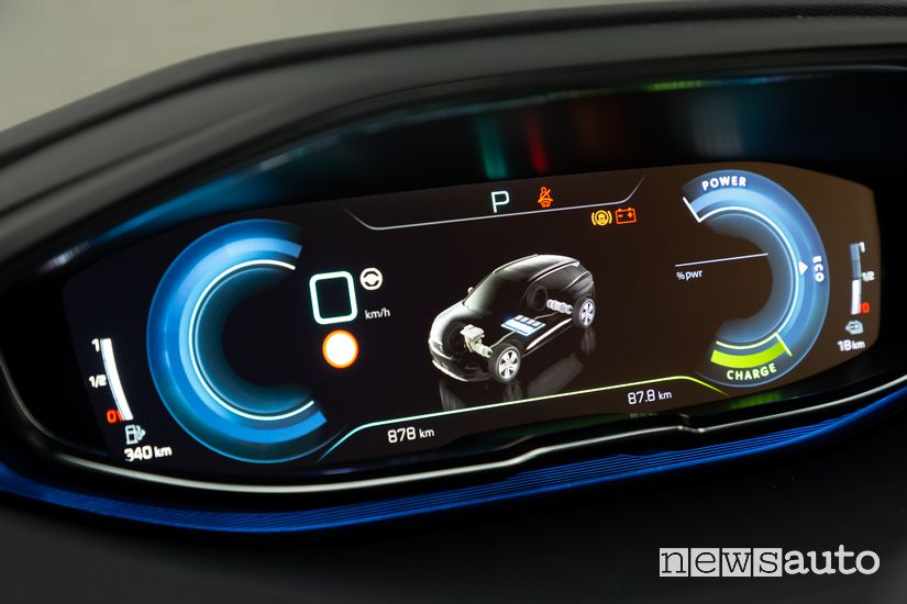Schermata sistema ibrido quadro strumenti Peugeot 3008 Hybrid4 Plug-In