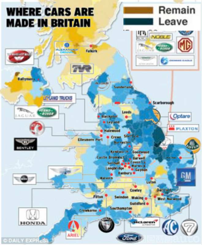 Mappa dei costruttori d'auto sul territorio inglese