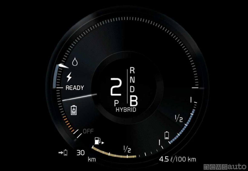 Indicatore di consumo istantaneo dei motori elettrico ed endotermico, con indicatore del carburante e carica della batteria. 
