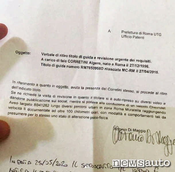 Verbale emesso nei confronti di Algero Corretini e reso pubblico dallo stesso sul suo profilo Instagram