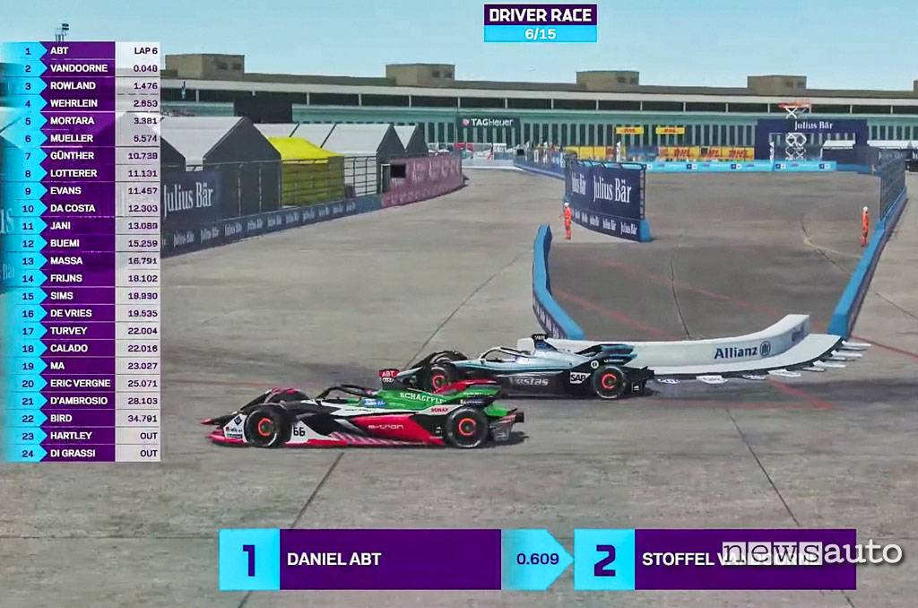 Abt prima della squalifica in lotta con Vandoorne alla Formula-E Race at home sul circuito di Berlino