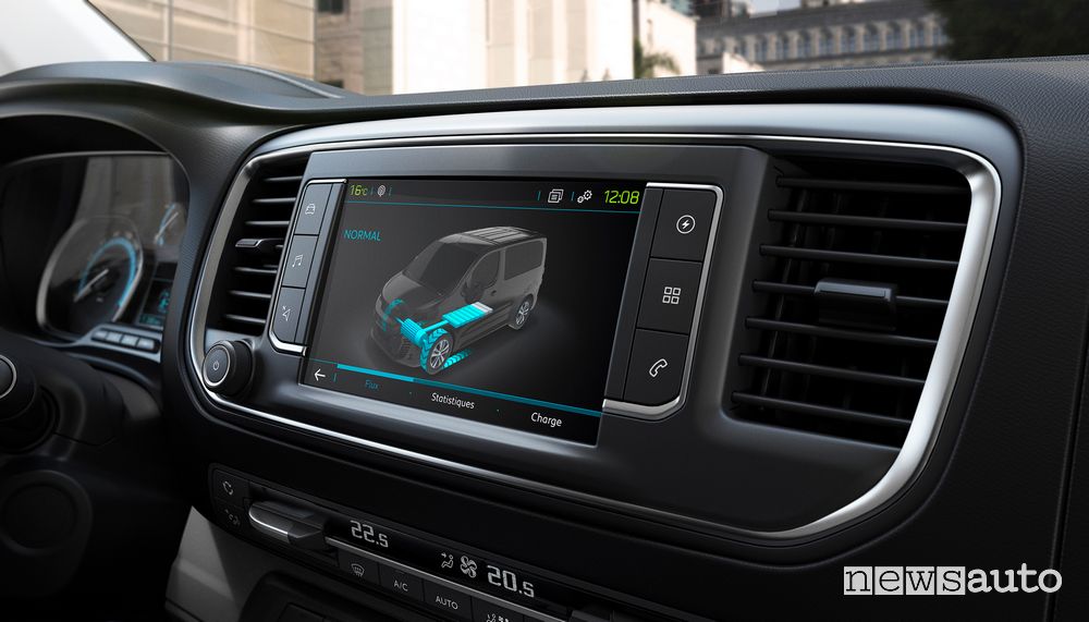 Info stato della carica della batteria sul touch screen del Peugeot e-Expert elettrico