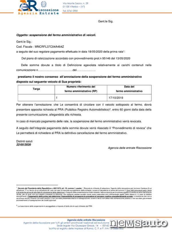 Documento emesso dall'AGER con cui richiedere al PRA la SOSPENSIONE del FERMO amministrativo sull'auto