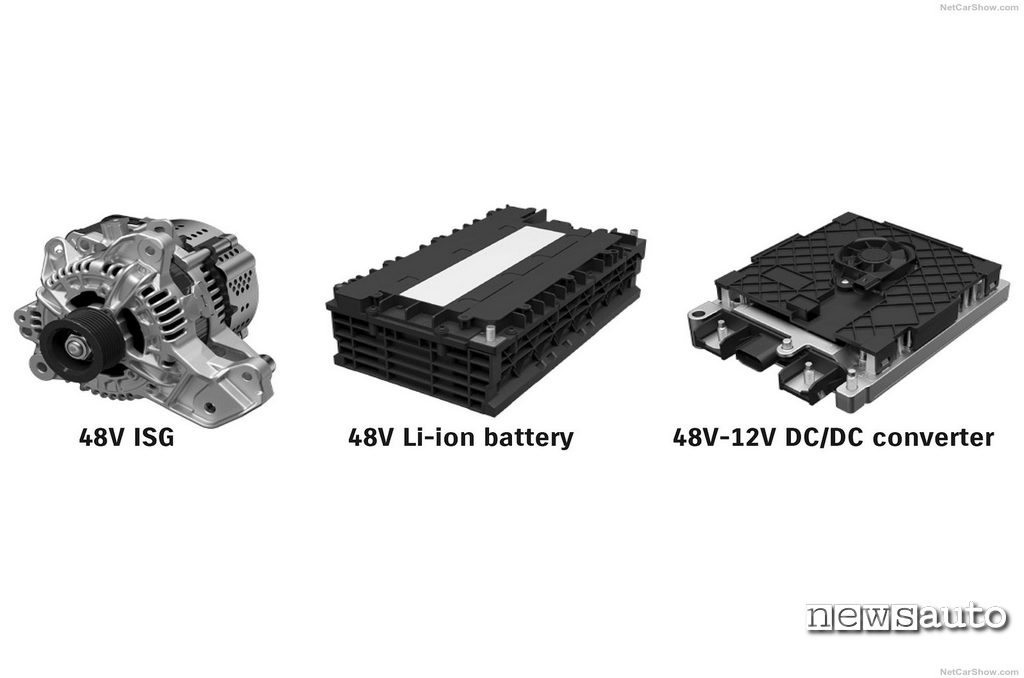 Mild Hybrid componenti del sistema Suzuki Swift Sport Hybrid a 48v, da sx l'alternatore reversibile, la batteria agli ioni di litio ed il convertitore di corrente da 48 a 12 volt