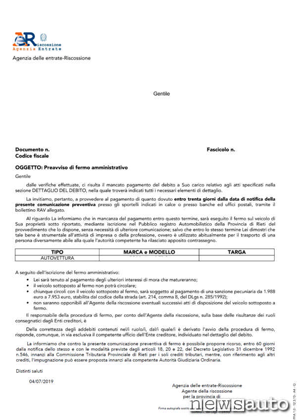 Preavviso fermo amministrativo comunicato via PEC da parte della AGER