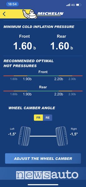 Schermata funzione Modalità "Motorsport" dell'App Michelin Track Connect temperatura e pressione pneumatici