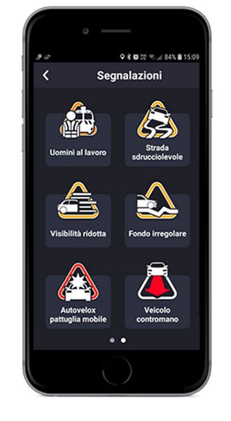 Allerte navigatore evoluto Coyote: "uomini al lavoro", "strada sdrucciolevole", "visibilità ridotta", "fondo irregolare", "autovelox pattuglia mobile", "veicolo contromano", ecc