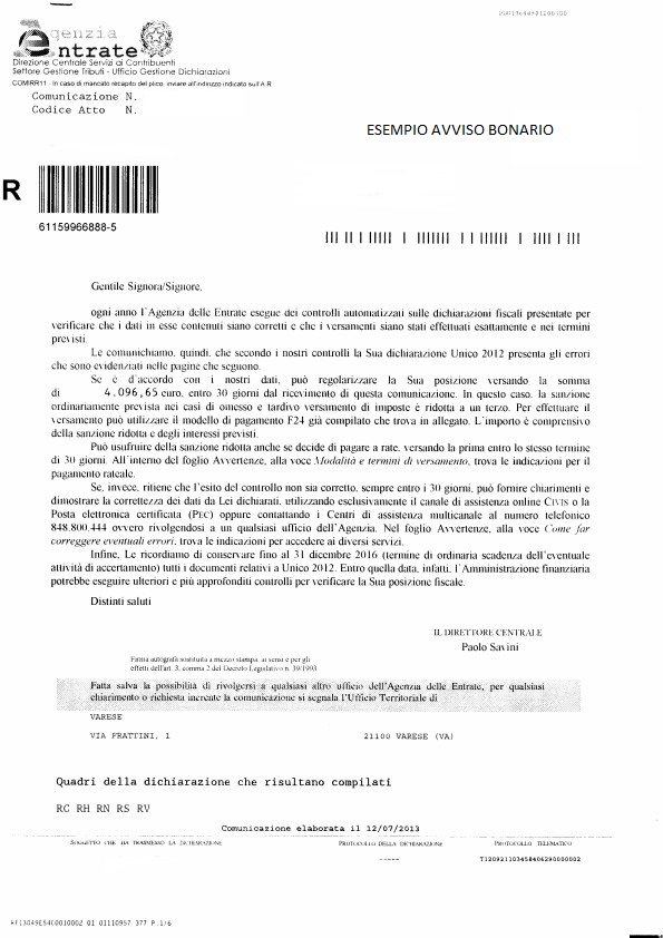 Esempio di un avviso bonario