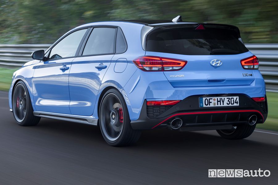 Vista posteriore Hyundai i30 N in pista