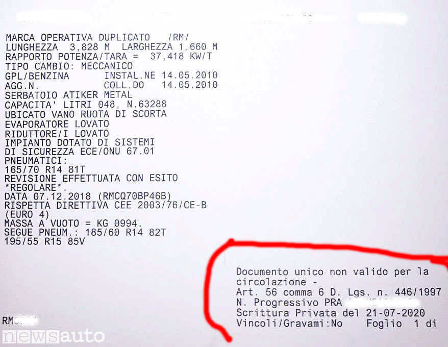 Libretto auto provvisorio, il foglio rilasciato alle concessionarie in sostituzione del libretto di circolazione, trattasi di un "documento unico", NON VALIDO PER LA CIRCOLAZIONE
