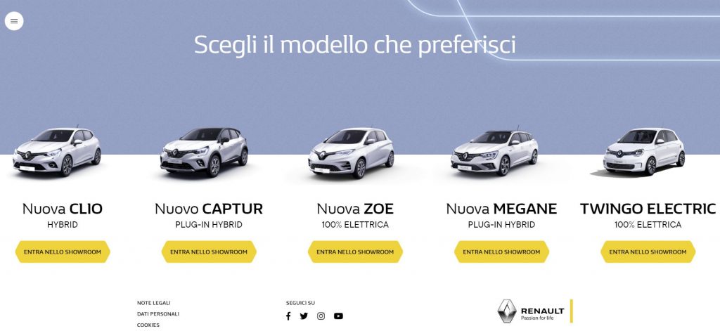 Si sceglie prima il modello e poi si entra nello Showroom Virtuale di Renault 