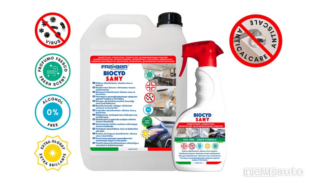 Presidio disinfettante molto potente, capace di eliminare virus con involucro e batteri, specificamente testato contro coronavirus, il Biocyd Sany di Fra-Ber. 