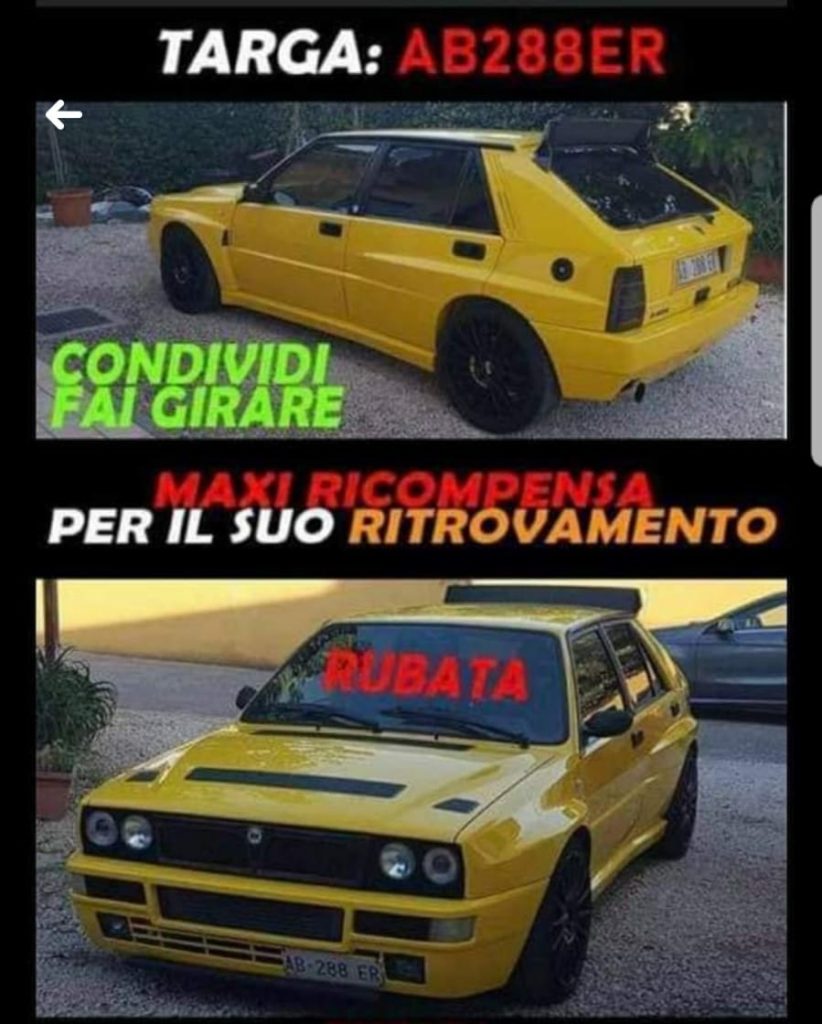 Appello via social per ritrovare la Lancia Delta Integrale rubata