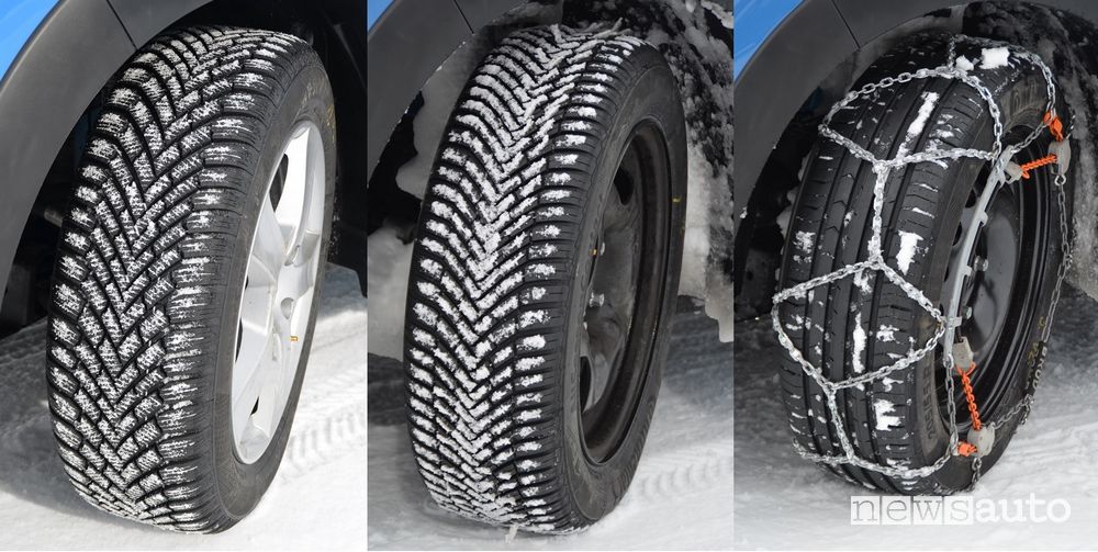 Da sinistra, gomme invernali pure, al centro la gomma 4 stagioni ed a destra un pneumatico estivo estivo con catene