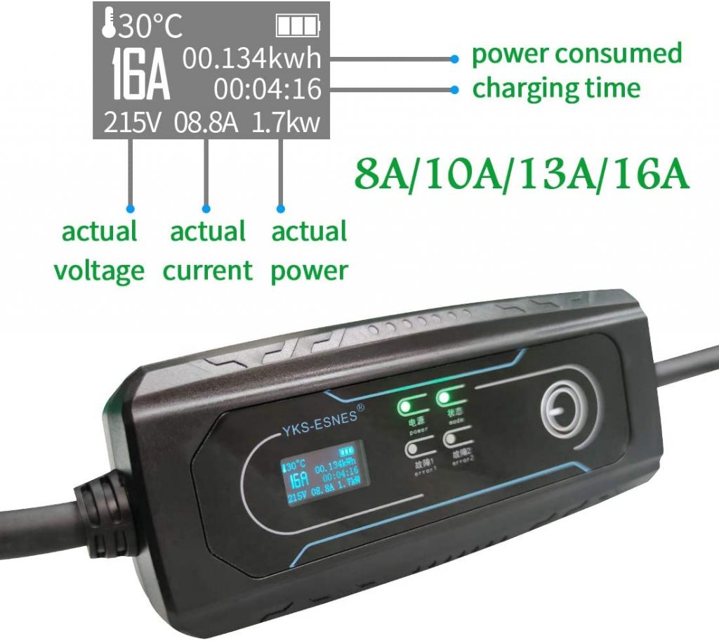 Caricatore portatile per auto elettrica da casa regolabile su 4 livelli di potenza 8A, 10A, 13A, 16A