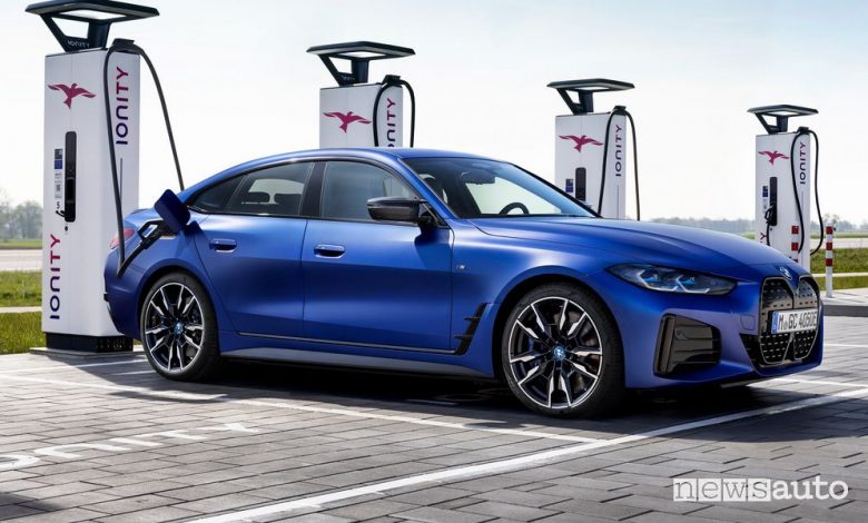 BMW i4 M50 elettrica in ricarica da un colonnina Ionity