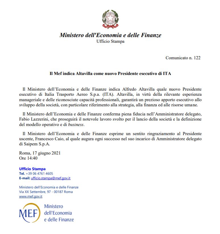 comunicato ufficiale del MEF Ministero dell'Economia e delle Finanze sulla nomina di Altavilla a capo di ITA la nuova Alitalia