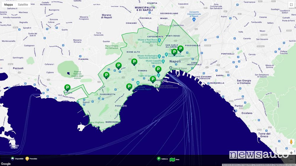 Mappa di Napoli con l'area coperta dal car sharing Amicar