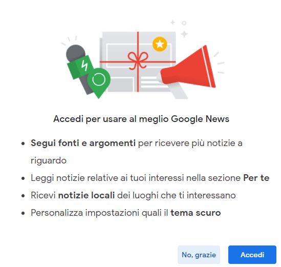 Schermata di accesso google, invito ad accedere per usare al meglio Google News