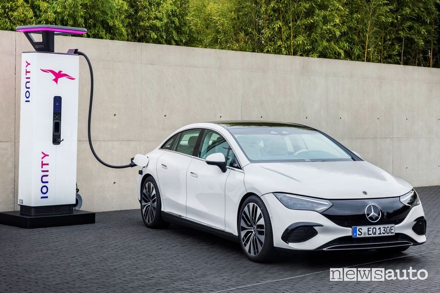 Nuova Mercedes EQE 350 elettrica in ricarica rapida Ionity