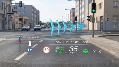 Visualizzazione dell Head-Up Display in realtà aumentata AR-HUD di Mercedes-Benz sul parabrezza con frecce 3D e dati di guida