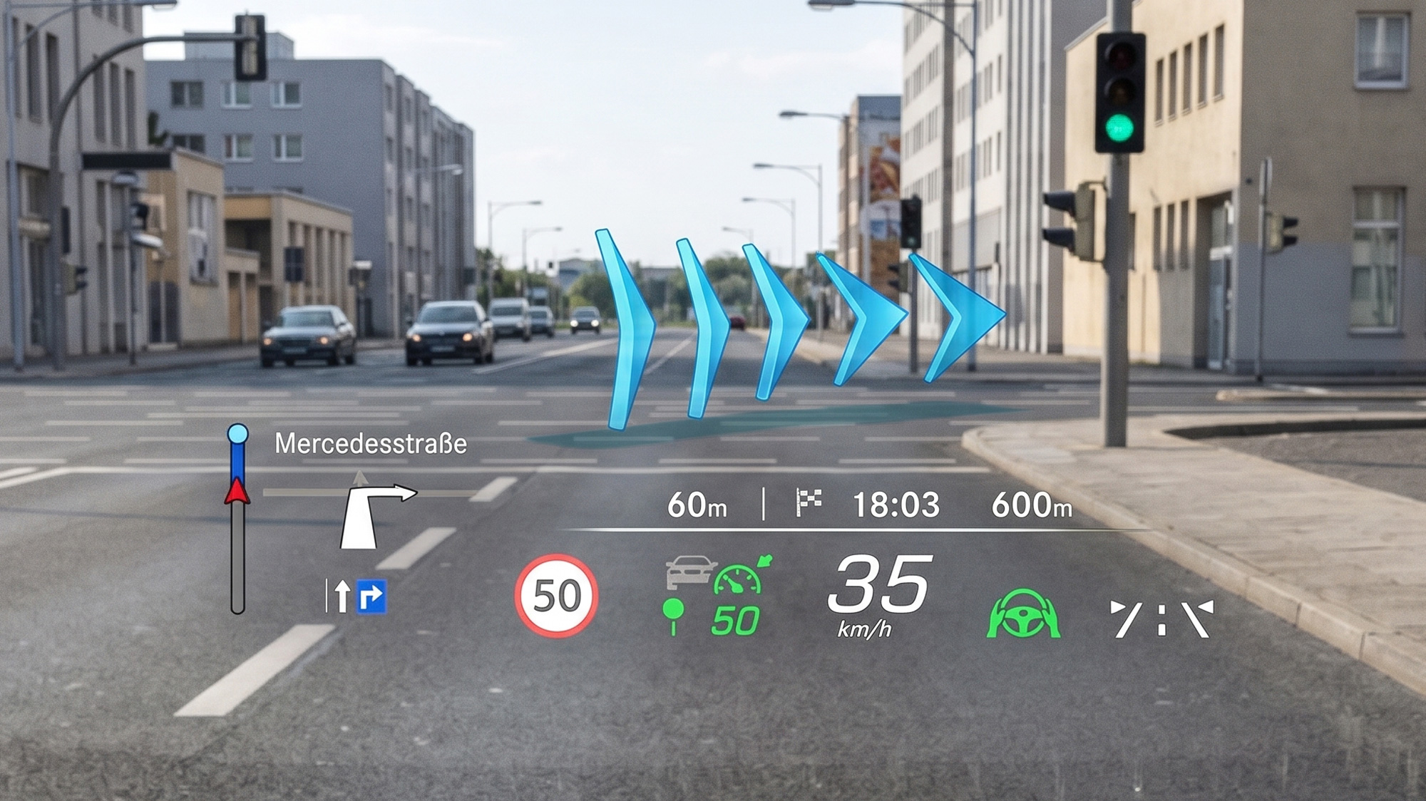 Visualizzazione dell Head-Up Display in realtà aumentata AR-HUD di Mercedes-Benz sul parabrezza con frecce 3D e dati di guida