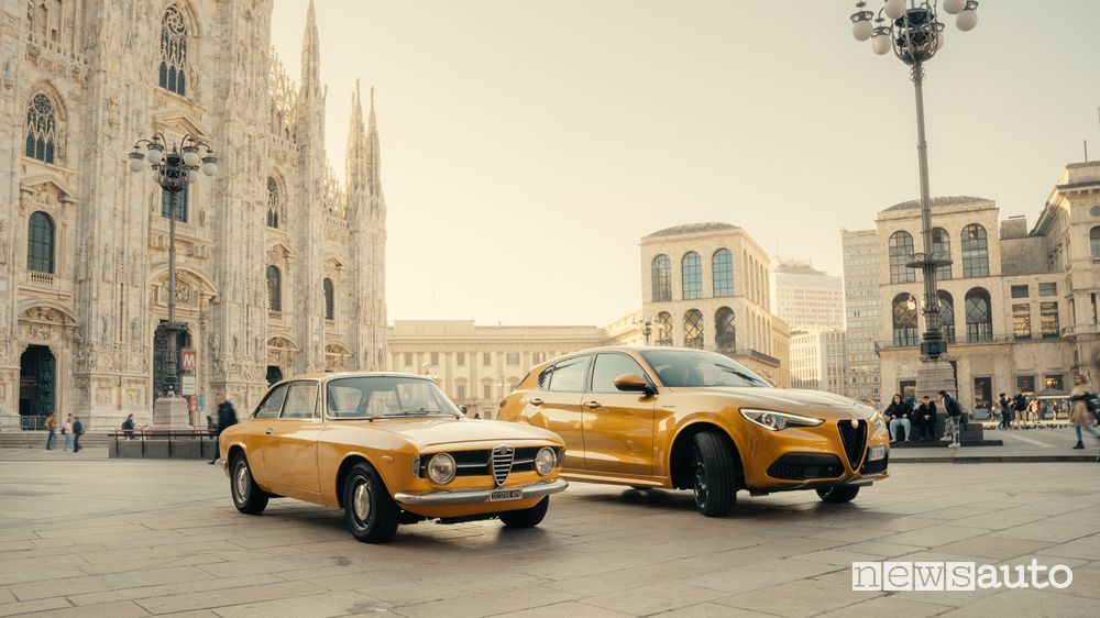 Alfa Romeo Giulia 1300 Junior e lo Stelvio GT Junior serie speciale a Milano Piazza del Duomo