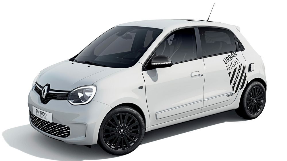 Vista di profilo Renault Twingo E-Tech electric Urban Night tinta bianca