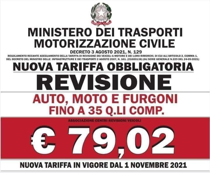 Nuova tariffa revisione auto dal 1° novembre 2021