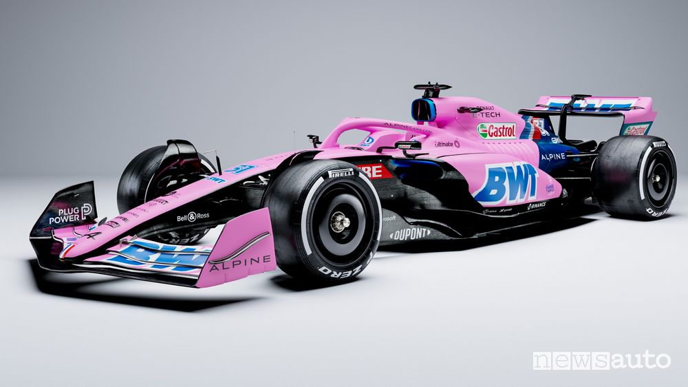 Vista di profilo Alpine F1 2022 A522 livrea rosa