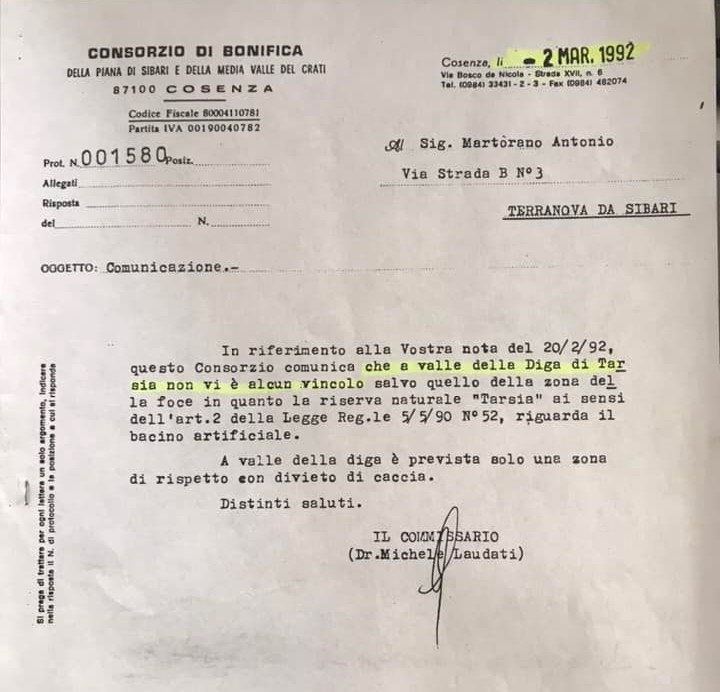 Dichiarazione Consorzio Di Bonifica su vincoli Tarsia