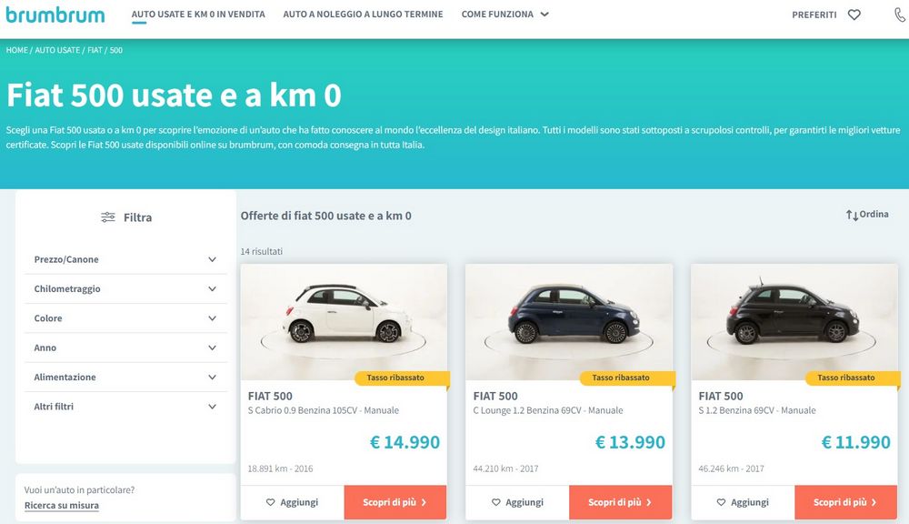 Ricerca Fiat 500 usate su brumbrum