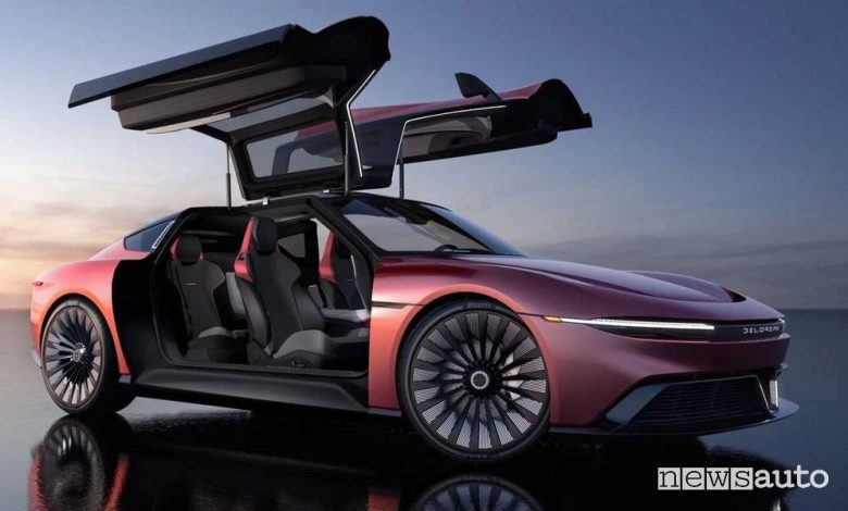 Vista di profilo DeLorean Alpha5 portiere ali di gabbiano