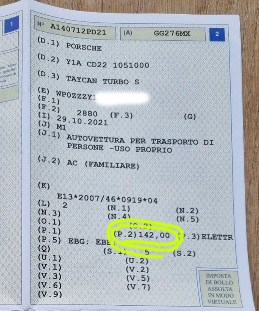 Potenza auto elettrica sul libretto omologata