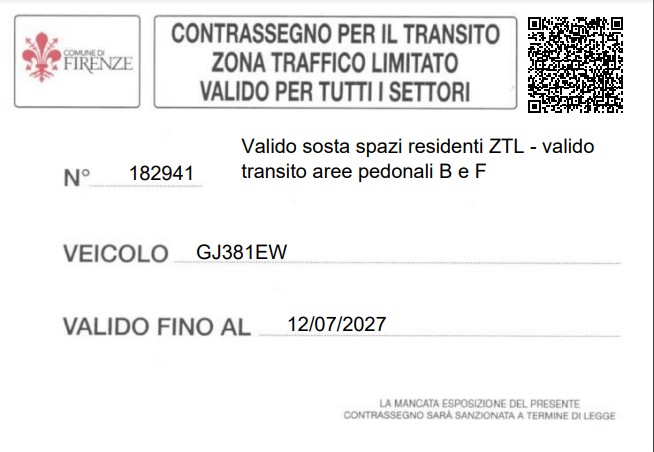 Il contrassegno che permette di entrare nella ZTL di Firenze con un'auto elettrica