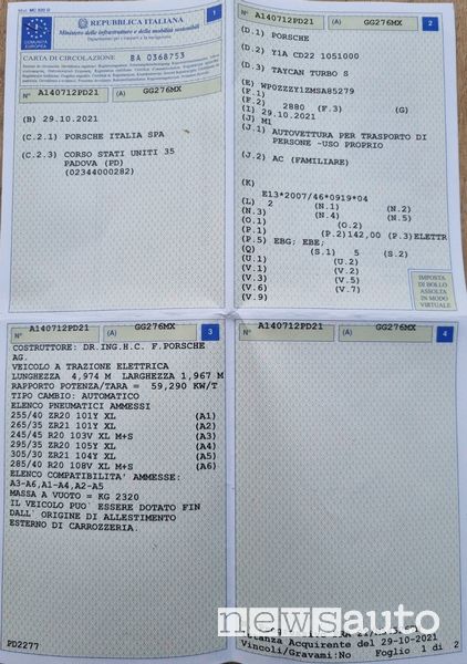 Il libretto della Porsche Taycan S Turbo da 761 CV, con rapporto peso potenza di 59,29 kW/t, adatta ai neopatentati